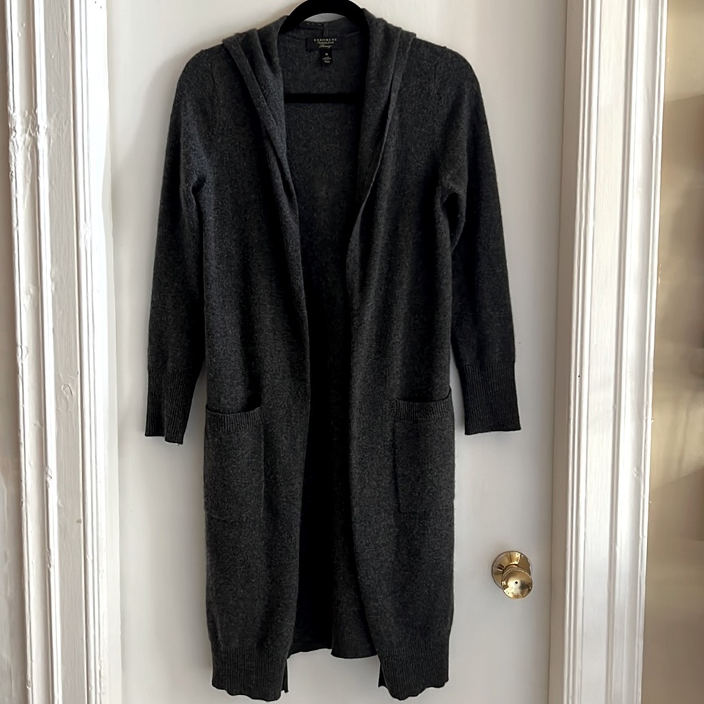 Luxury 100 % Cashmere open front longline Cardigan with a hood